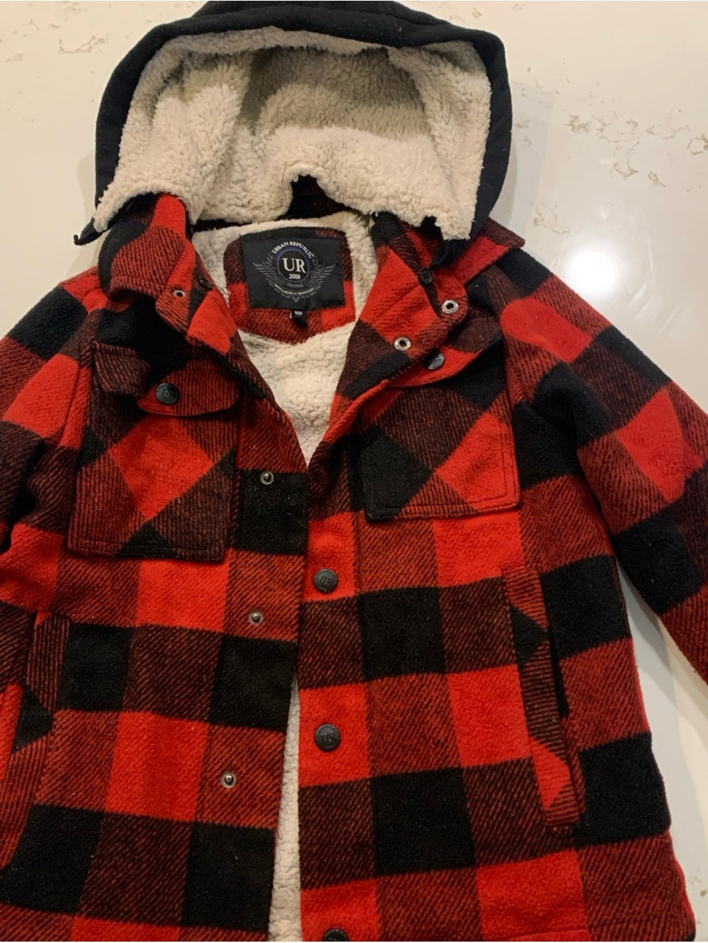 Urban Republic Red & Black Buffalo Plaid Sherpa-Lined Hooded Pea Coat for Kids